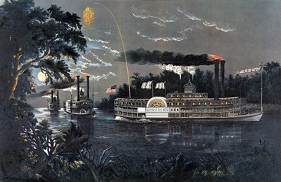 Rounding a Bend on the Mississippi Steamboat Queen of the West by N. and Ives, J.M. Currier